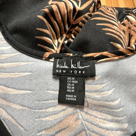 NICOLE MILLER Black w/ Brown Leaf Print Jumpsuit Elasticized Waist Side Pockets - Picture 4 of 10